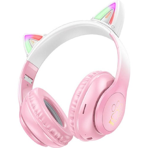 HEADPHONES BLUETOOTH  W42 WIRELESS ΠΑΙΔΙΚΑ CAT EAR PINK MICRO SD